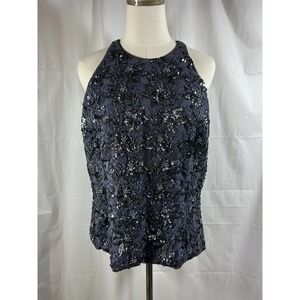 Karen Laurence by Matthew Vtg Sequins beads lace sleeveless formal blue top Lg ?